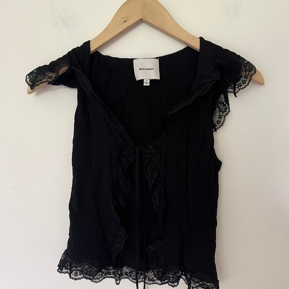 Reformation Black Lace Trim Tie Front Cropped Ruffle Blouse Top Mens Size 2 - Picture 6 of 12